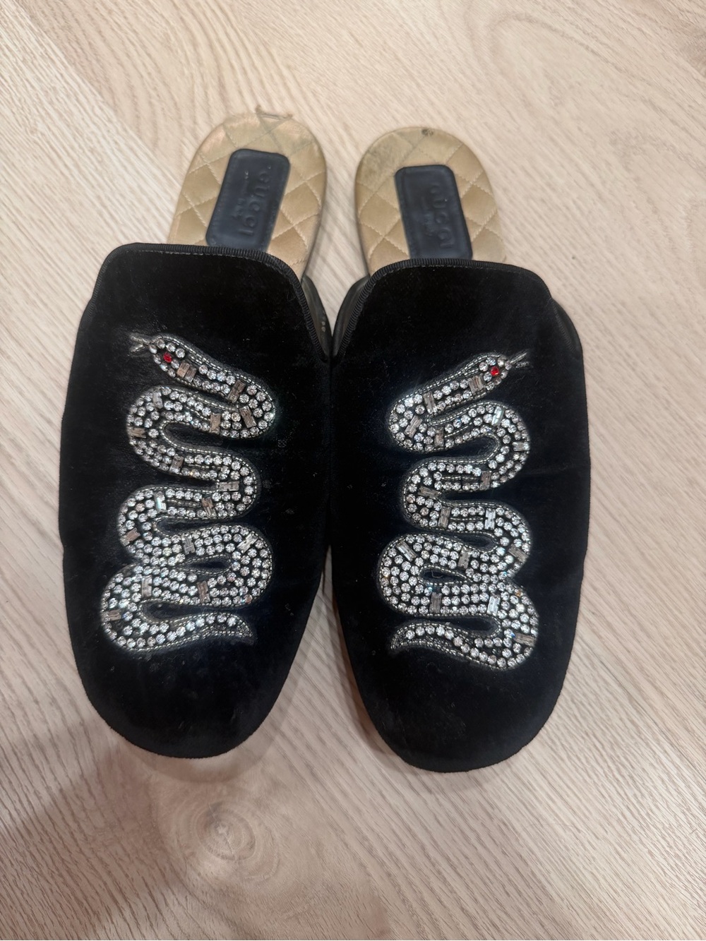 Gucci Black Velvet Slip-Ons with Rhinestone Snake Motif